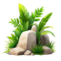 Wall Mural - lush green plants and rocks on a white isolated background.