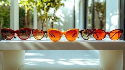 Wall Mural - Colorful cat-eye sunglasses displayed on a white shelf.