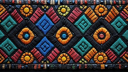 Colorful textile with geometric pattern, intricate embroidery, handcrafted texture.