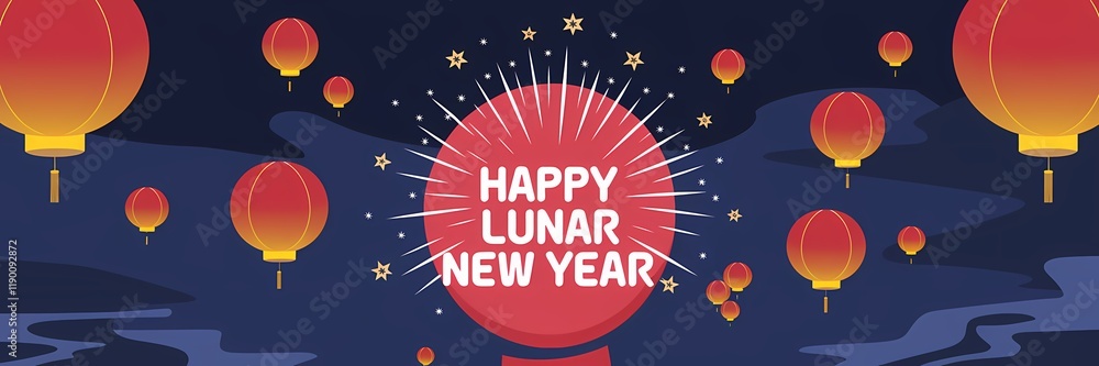 A creative minimalist Lunar New Year poster design with a dark theme. There's a large red firecracker with stars exploding from it. The background is a dark blue sky with floating lanterns.