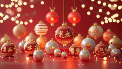 Wall Mural - chinese new year christmas balls on red background