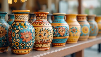 Colorful hand-painted ceramic vases on display.