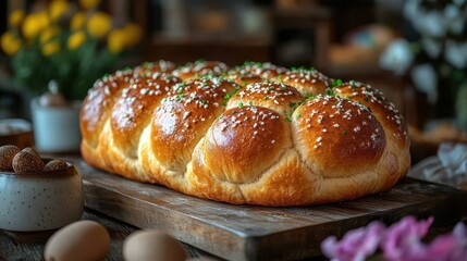 home baked traditional easter bread or paska decorated for festive table front vie