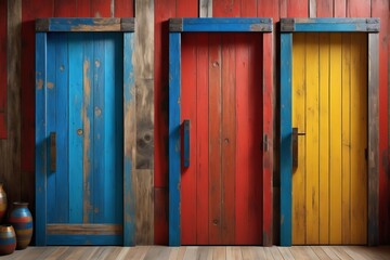 An old three colorful wooden doors with vintage details on a wooden wall