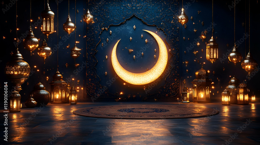 Luminous Crescent Moon and Golden Lanterns at Night Stock Photo | Adobe ...