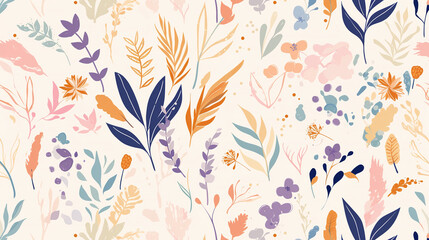 Wall Mural - The image is a vibrant, abstract floral pattern featuring a variety of leaves and flowers in pastel colors such as pink, purple, blue, and orange