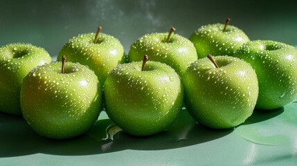 Fresh green apples in a row with bright lighting