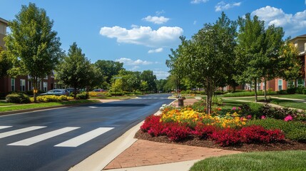 Wall Mural - A scenic suburban crosswalk bordered by small gardens and colorful flowers, creating a tranquil setting