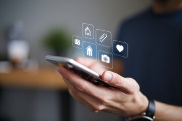 Person using smartphone with digital interface icons
