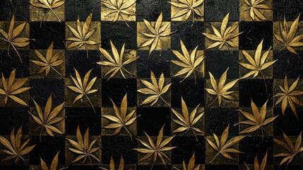 Wall Mural - Intricate black and gold design featuring a checkered base overlaid with golden asanoha (hemp leaf) patterns for added texture.