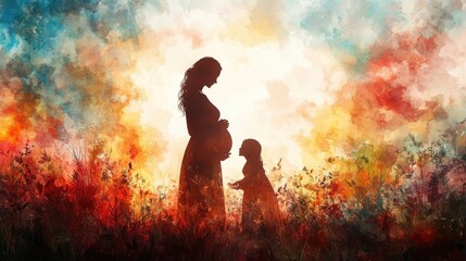 motherhood silhouette of jesus watching over a pregnant woman digital watercolor painting