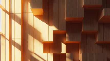 Wooden wall design with sunlight and geometric patterns
