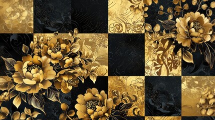 Wall Mural - Bold black and gold checkered pattern overlaid with golden Chinese floral motifs such as peonies and lotuses for a luxurious touch.