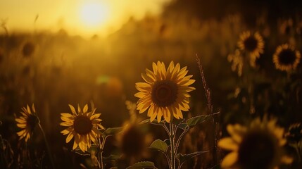 Wall Mural - Golden Hour Sunflowers: A Sunset Serenade in a Field of Dreams