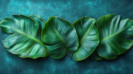 Wall Mural - Lush green tropical leaves arranged on a teal background.