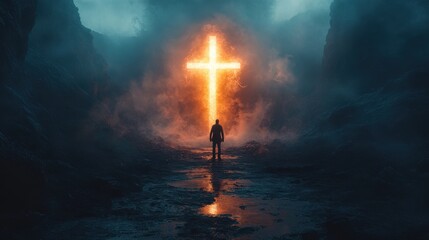 path to enlightenment glowing cross is illuminated by a radiant light standing tall amidst a misty canyon the silhouette of a man is staring at it digital illustration