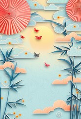 Wall Mural - A playful summer card featuring clouds in a gradient sky, with Japanese motifs like paper fans, fireflies, and bamboo leaves scattered across.