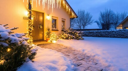 Canvas Print - Decorative Christmas lights shaped like icicles, glowing brightly on a snowy house exterior