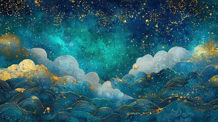 luxurious tanabata illustration featuring a celestial background in blue and green hues, with golden