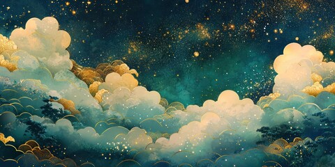 Wall Mural - high-end tanabata greeting with intricate gold accents on a layered background of blue and green jap