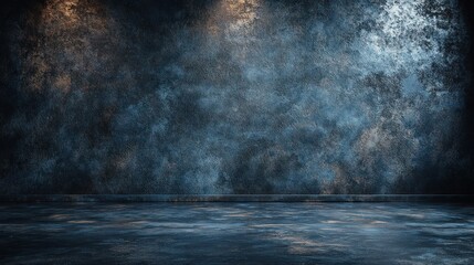 Dark grunge textured wall and floor with dramatic lighting.