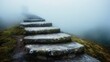 © piyawat - Stone steps to misty mountain top with moss, serene ambiance. Low angle shot for depth and perspective.