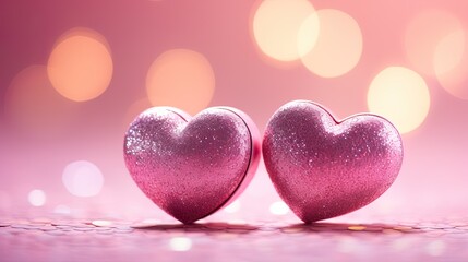 Wall Mural - Valentines day festive background with two hearts In Shiny multicolor Background Valentine's Day glitter background