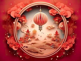Wall Mural - 3d paper cut invitation card paper cut style for chinese new year in festival lantern illustration p
