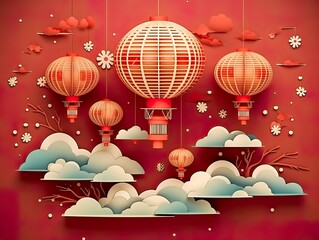 Wall Mural - 3d paper cut invitation card paper cut style for chinese new year in festival lantern illustration p