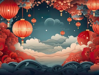 Wall Mural - 3d paper cut invitation card paper cut style for chinese new year in festival lantern illustration p