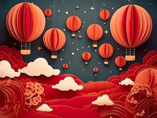 Wall Mural - 3d paper cut invitation card paper cut style for chinese new year in festival lantern illustration p