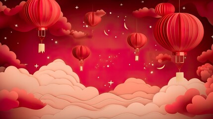 Wall Mural - 3d paper cut invitation card paper cut style for chinese new year in festival lantern illustration p