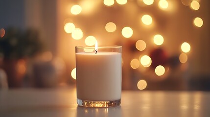 Canvas Print - Lit candle in glass jar on table with bokeh lights.