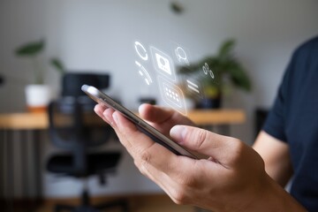 Person using smartphone with digital interface displayed