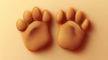 Wall Mural - Two cute, orange, animal paw prints on beige background.