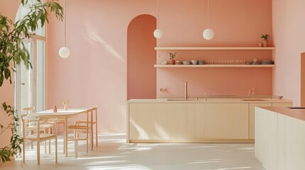 Wall Mural - Serene Pink Kitchen Interior Design: Minimalist Light Wood Furniture and Pastel Walls