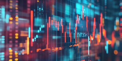 Aufkleber - Abstract Digital Financial Graph with Colorful Candlestick Analysis in a Futuristic Neon Environment