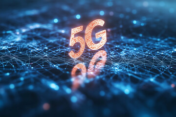 Wall Mural - blue background with a red 5g symbol in the middle. the background is filled with a lot of lines and