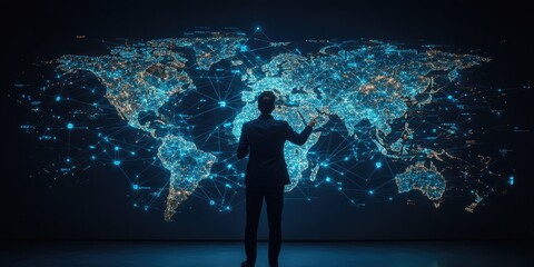 Leinwandbilder - Businessman Analyzing Digital World Map with Data Connections and Networks Representing Global Technology and Communication