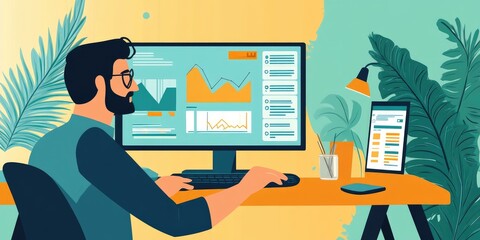 Aufkleber - Young professional analyzing data on computer screen with charts, graphs, and digital tools in a modern office space