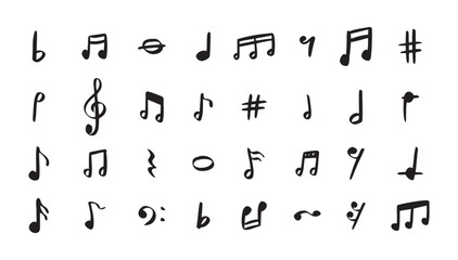 notes doodle set hand drawn with a black pen. sketch music drawing note