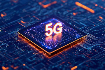Wall Mural - computer chip with the letters 5g on it. the image is a close up of the chip and the letters are glo
