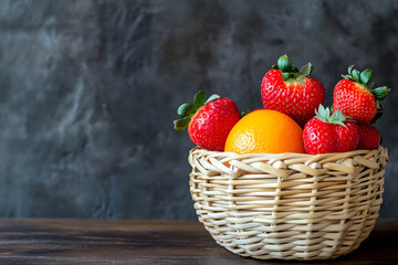 Front view basket containing strawberries and an orange resting on brown wooden counter, with sharp surface details and blurred dark cement wall in the background, perfect for fresh, healthy concept