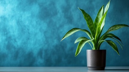 Wall Mural - Serene Green Plant in a Dark Pot Against a Teal Background