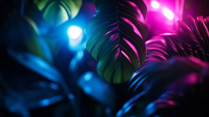 Wall Mural - Neon Tropical Leaves: A Vibrant Night Bloom