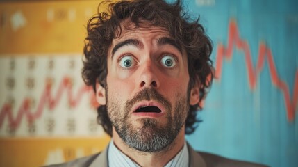 Aufkleber - A surprised man with curly hair and wide eyes stands against a colorful background featuring charts and graphs, conveying shock or disbelief.