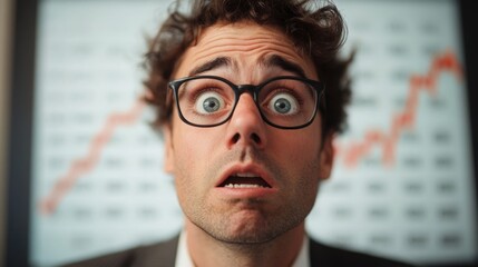 Fototapete - A surprised businessman stares wide-eyed at a financial graph behind him, indicating shock or concern about market trends.