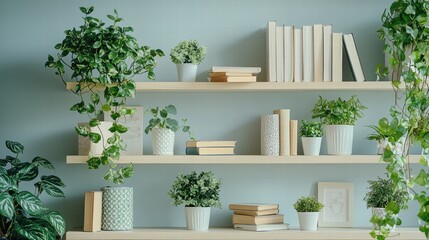 elegant virtual background for online presentations: stylish meeting room with shelves and green pla