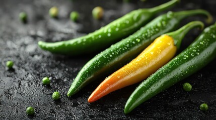 Poster - Vibrant Green and Yellow Chili Peppers with Water Droplets on Dark Background