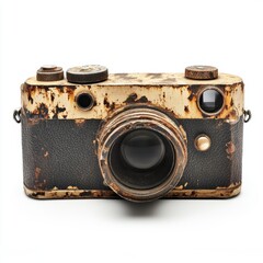 Wall Mural - An antique camera featuring a rusted body and a vintage lens, showcasing the passage of time and the artistry of old photography equipment.